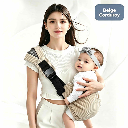 Sling Carrier Newborn to Toddler in beige corduroy, providing hands-free support for baby and caregiver.